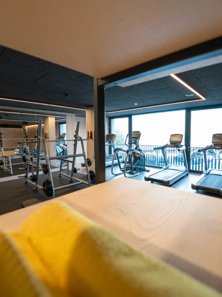 Modern gym with treadmills, weight benches and large mirrors in natural daylight
